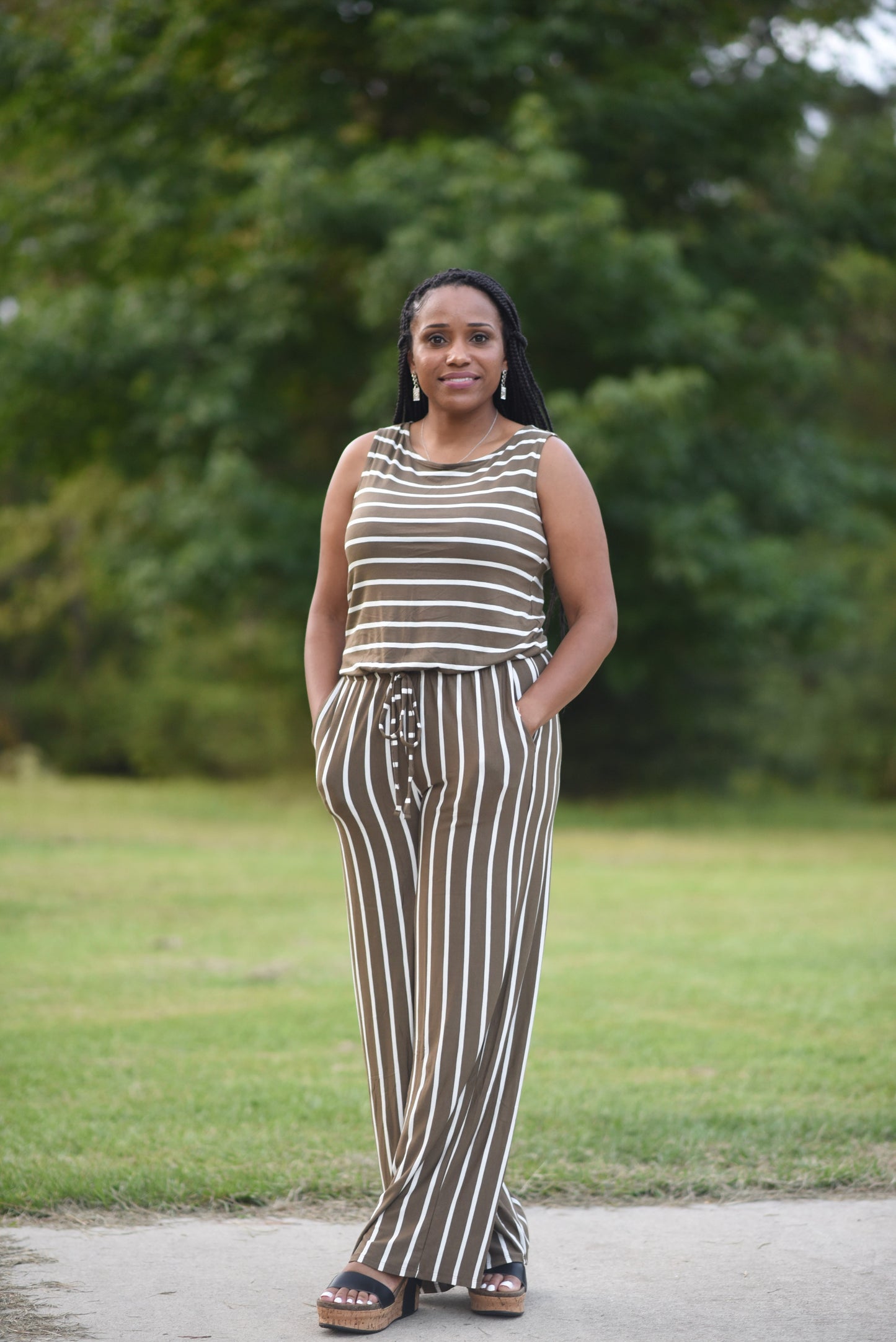 "Green Chalkboard" Green Striped Sleeveless Jumpsuit