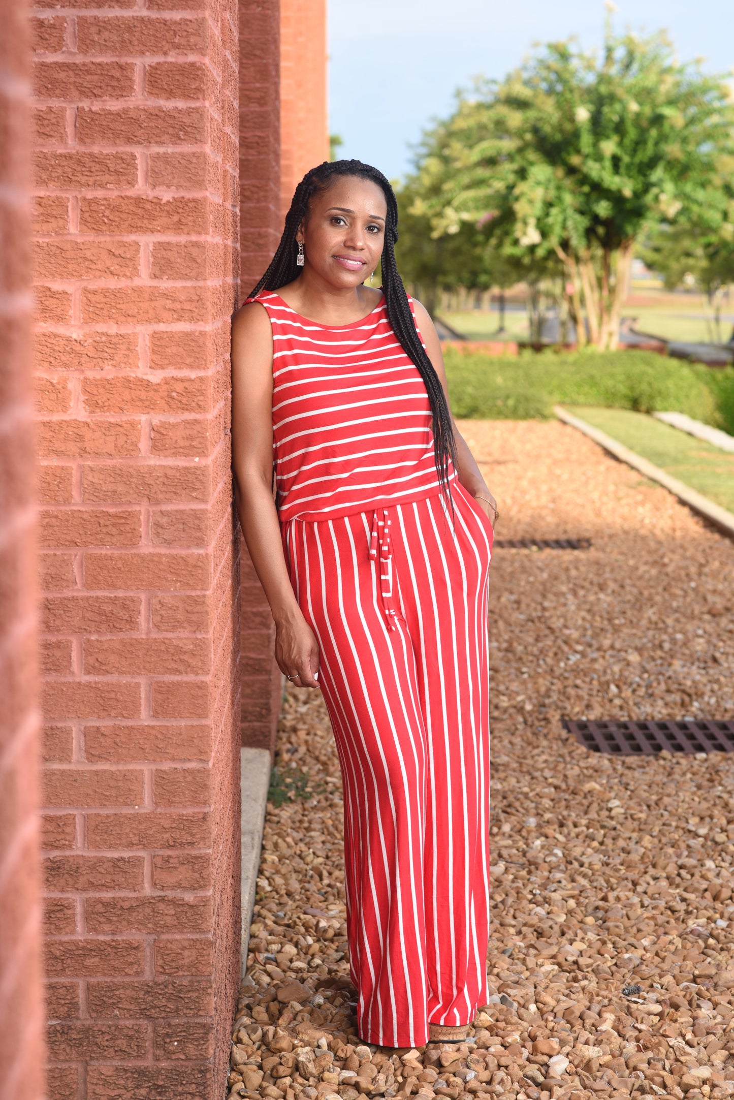 "Red Teacher Pen" Striped Sleeveless Jumpsuit